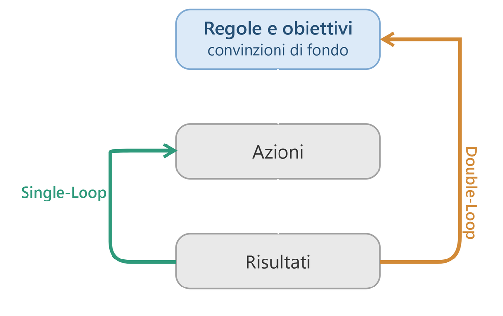 Schema concettuale: nel Single-Loop Learning il feedback modifica le azioni; nel Double-Loop Learning può modificare anche gli obiettivi e le variabili che governano il comportamento.
